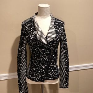 Anthropologie, black and white Moto sweater with various patterns/designs NWOT